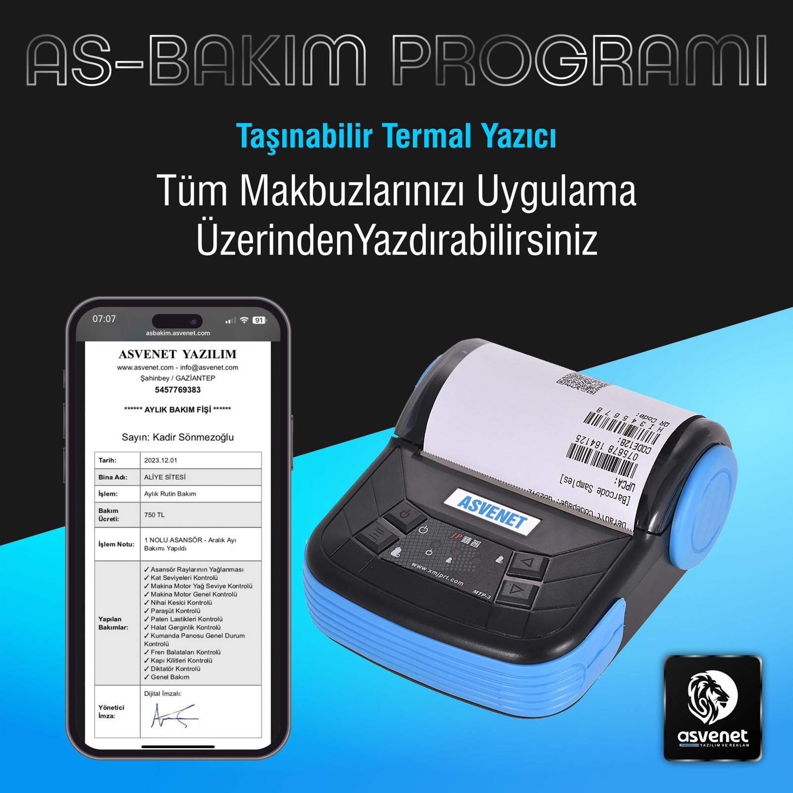 Asansör bakım takip programı el terminali yazıcı entegrasyonu